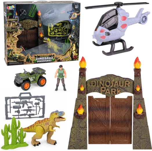 Bază Dino Park cu poartă, elicopter, ATV și figurine