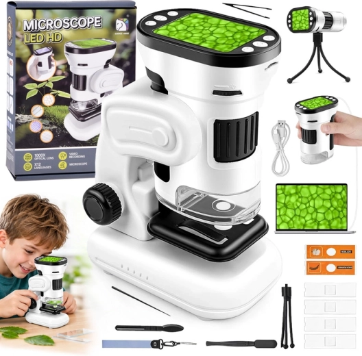 Microscop digital pentru copii 1000× cu ecran de 2", LED și cameră (meniu în poloneză)