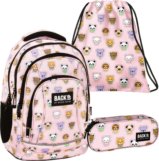 Set școlar BackUP Muffins Animals 3în1 – rucsac, penar și sac
