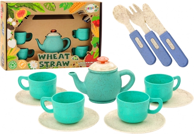 Set de veselă cu cești, farfurii, tacâmuri și ceainic 22 buc