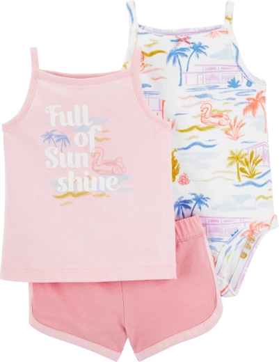 Set Carter’s din 3 piese pentru bebeluș Pink Sunshine (body cu bretele, maiou și pantaloni scurți)