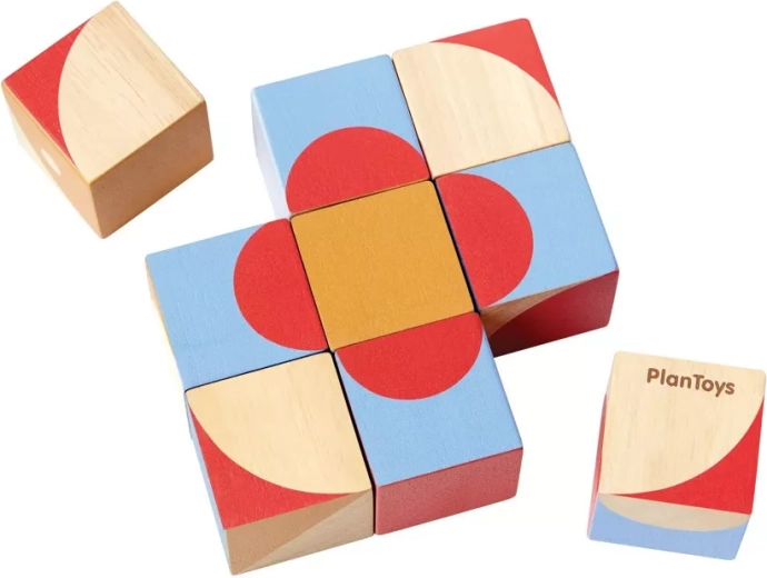 PlanToys cuburi din lemn cu imagini geometrice (9 buc.)