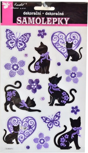 Autocolante pisici negru‑mov cu pietricele decorative (coală 14 × 21 cm)