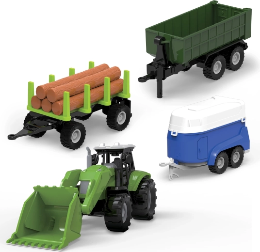 Set FARM SERVICE: tractor cu încărcător frontal, platforme și remorcă cu lumini și sunete