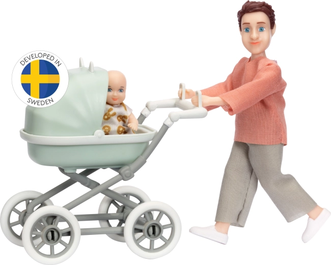 Lundby set tată cu bebeluș și cărucior
