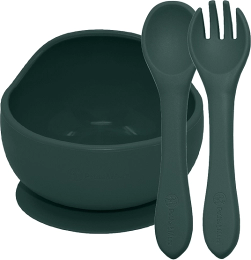 Petite&Mars set de masă din silicon Take&Match misty green – bol cu ventuză și tacâmuri 6m+