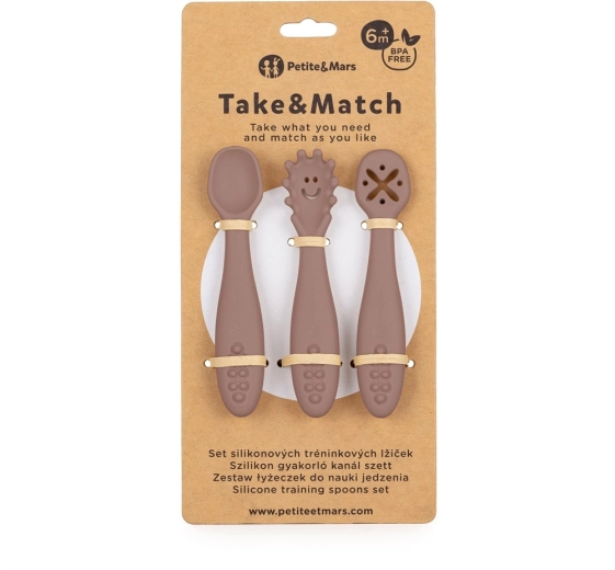 Lingurițe de antrenament din silicon PETITE&MARS Take&Match Velvet Latte, set 3 buc, 6m+