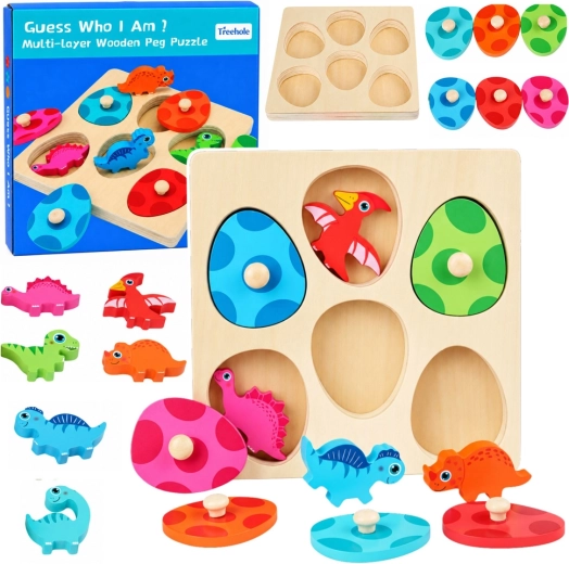 Puzzle educativ din lemn cu dinozauri și butoni