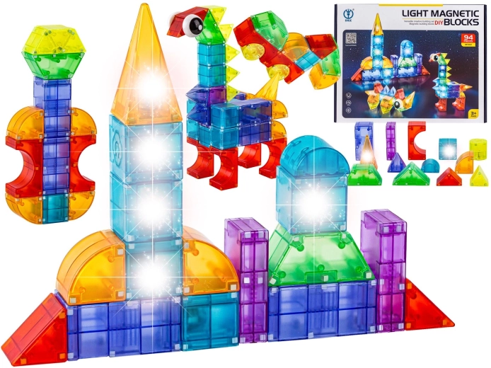 Cuburi de construcție magnetice luminoase 3D – 94 de piese