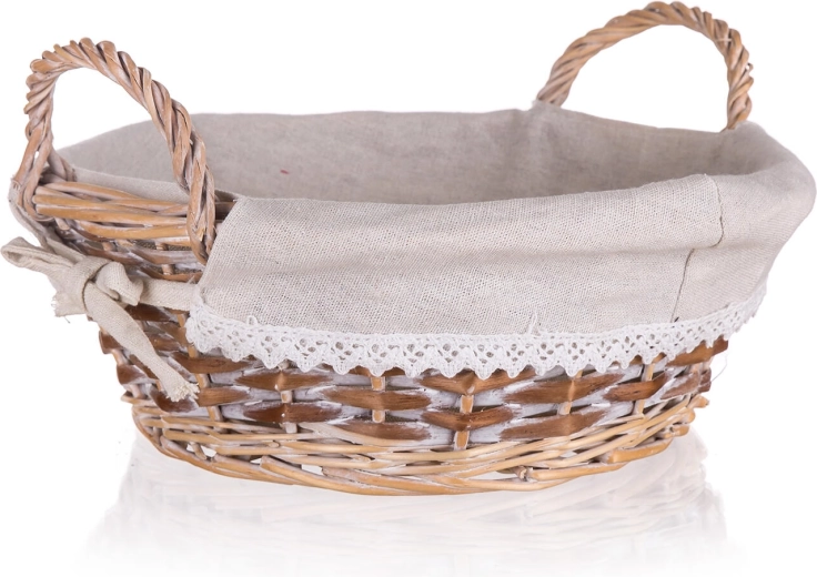 Coș rotund din nuiele Duo cu mânere 30 × 11 cm, maro-alb, cu tiv din dantelă