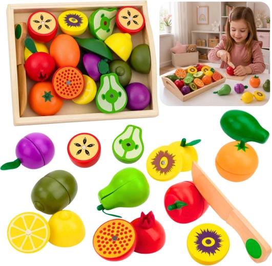 Fructe magnetice din lemn pentru tăiat, cu cuțit sigur și cutie