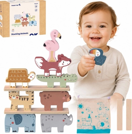 Joc de echilibru din lemn cu animăluțe TOOKY TOY, 13 piese