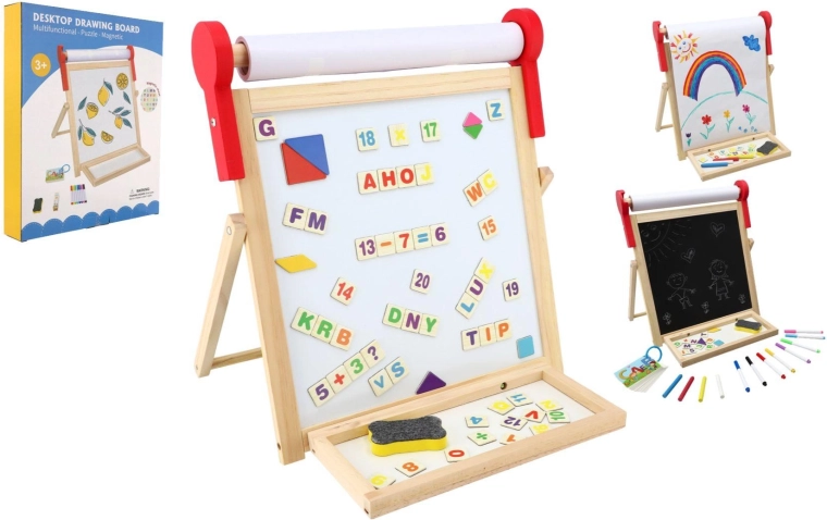 Tablă magnetică dublă pentru copii din lemn 33 × 33 cm cu rolă de hârtie și accesorii