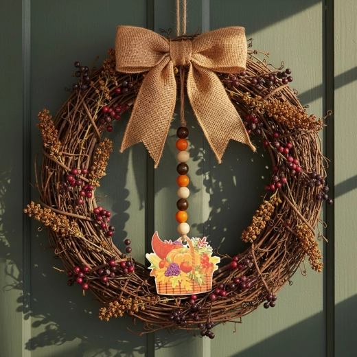 Decorațiune de toamnă suspendată, coș al abundenței din lemn, 29 × 9 cm