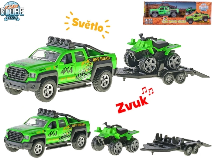 Kids Globe Traffic mașină cu remorcă și ATV, model metalic 13 cm cu lumini și sunete