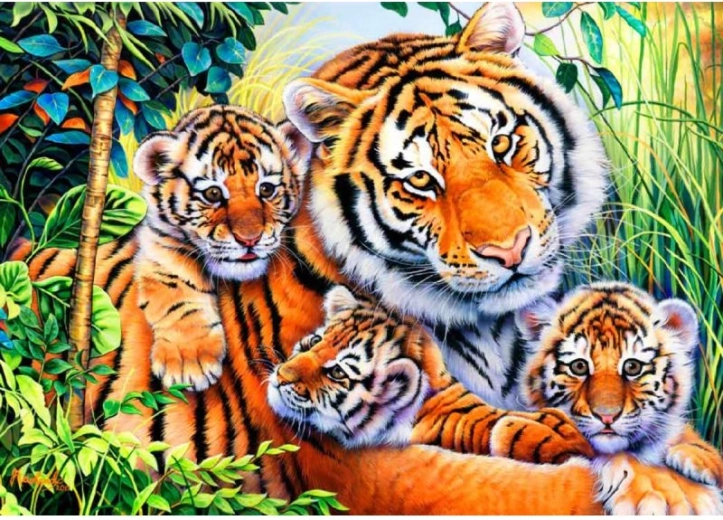 Pictură cu diamante Tigroaică cu pui 40 × 30 cm - 1 bucată