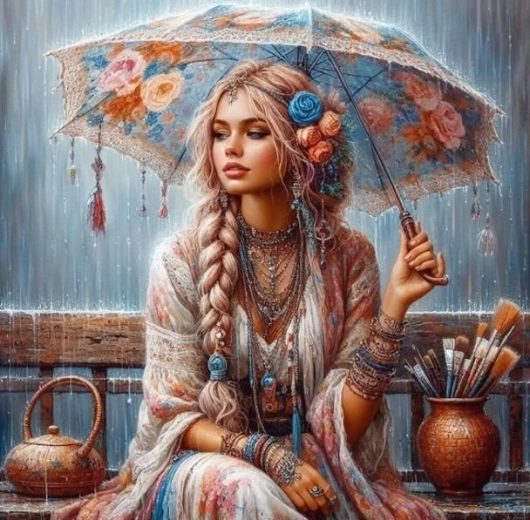 Pictură cu diamante – fată cu umbrelă 30 × 40 cm