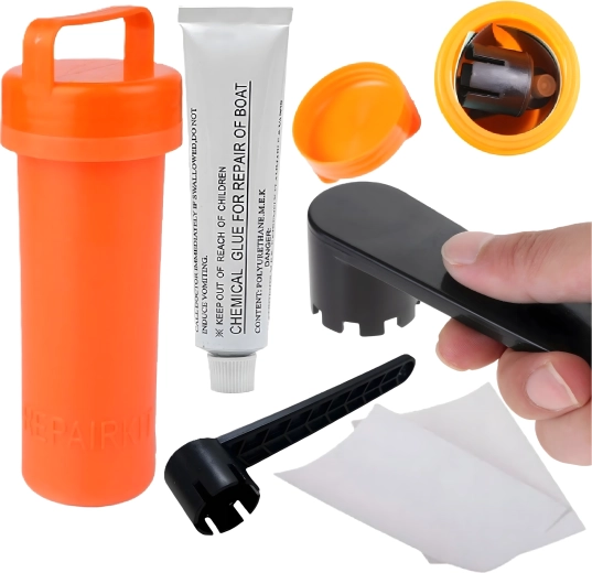 Set de reparare pentru SUP, caiace și bărci gonflabile, cu adeziv, petice și cheie pentru supapă