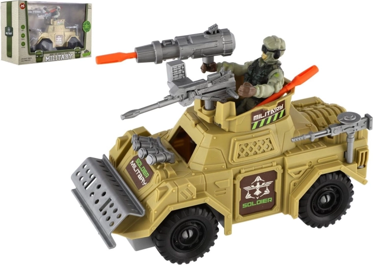 Set militar mașină blindată cu soldat și accesorii, plastic, mers liber