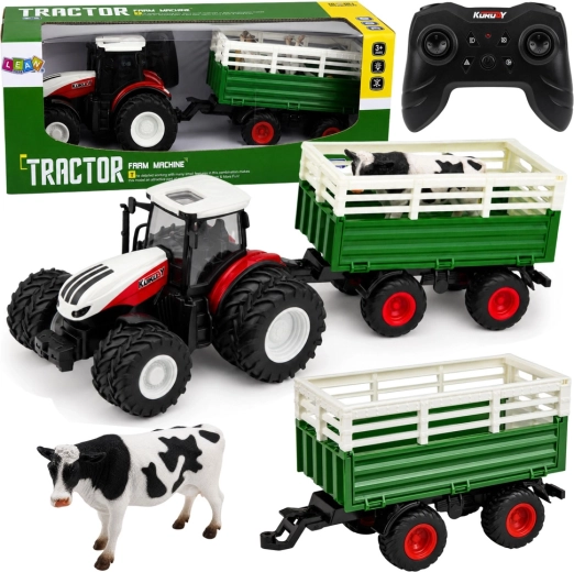 Tractor agricol RC cu remorcă și figurină de vacă 1:24