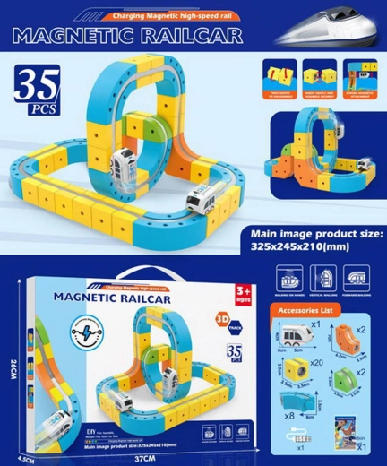 Pistă magnetică antigravitațională colorată cu trenuleț – 35 de piese
