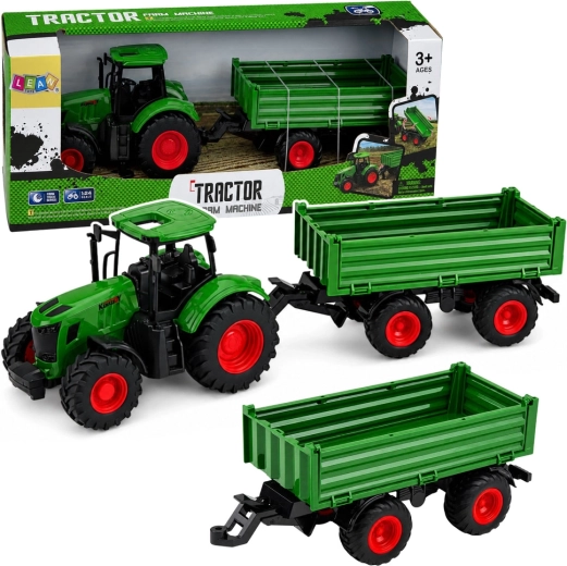 Tractor agricol verde cu remorcă 1:24 cu roți din cauciuc
