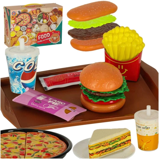 Set pentru copii cu mâncare din plastic de jucărie – pizza, deserturi și băuturi (56 piese)
