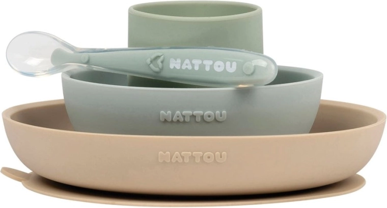 Set de masă din silicon Nattou, 4 piese, verde nisipiu, fără BPA