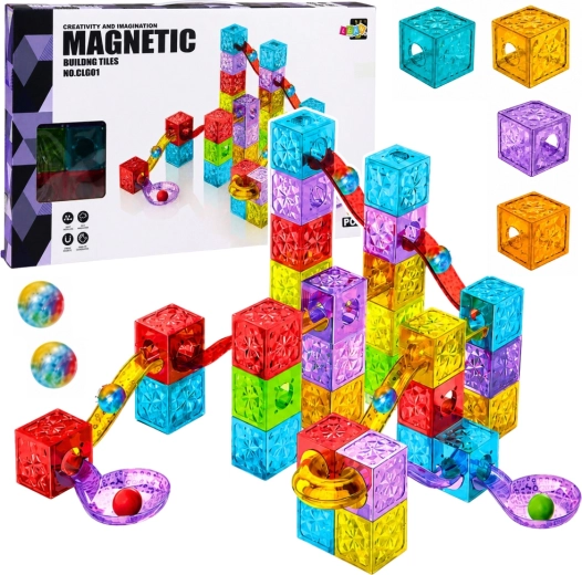 Cuburi de construcție magnetice cu pistă pentru bile, colorate, 60 de piese