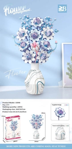 Set de construcție cu buchet de flori albastre și albe într-o vază