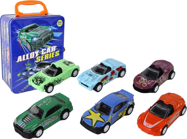 Set de mașinuțe metalice cu mecanism cu fricțiune în geantă metalică 1:64, 6 buc