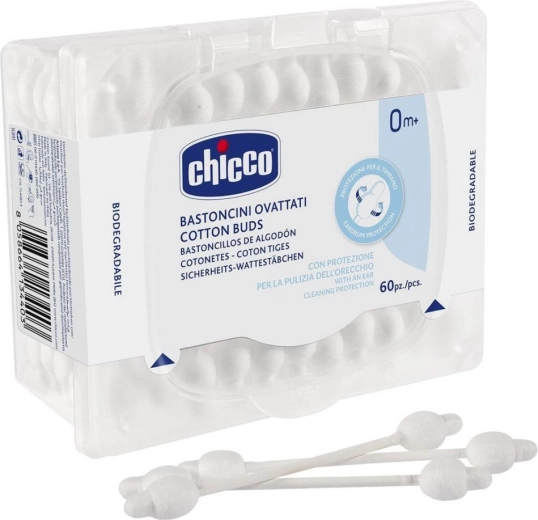 Bețișoare de vată Chicco cu formă anatomică, 100% bumbac, 60 buc