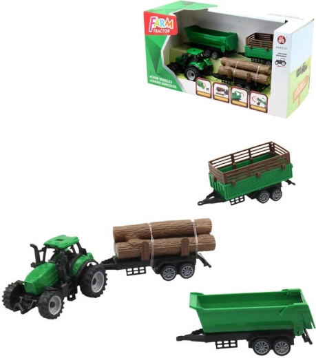 Tractor verde cu 3 remorci și bușteni de lemn – set de joacă