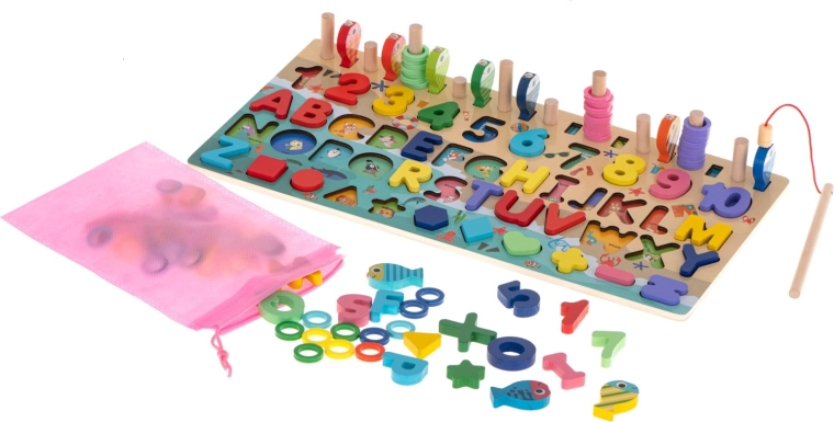 Joc educativ din lemn 3‑în‑1: sorter, abac și pescuit magnetic