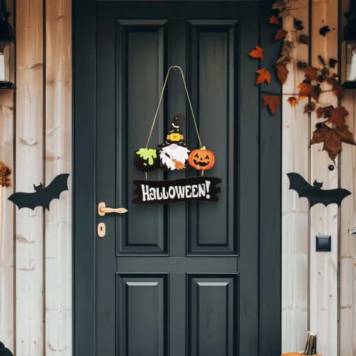 Decorațiune suspendată din lemn pentru Halloween, cu spiriduș și dovleac