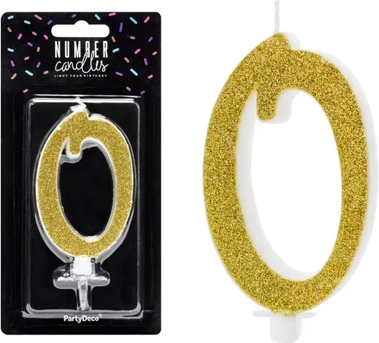 Lumânare aniversară pentru tort, cifra 0, aurie, 10 cm