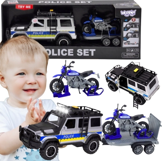 Vehicul de teren de poliție Woopie cu remorcă și motocicletă