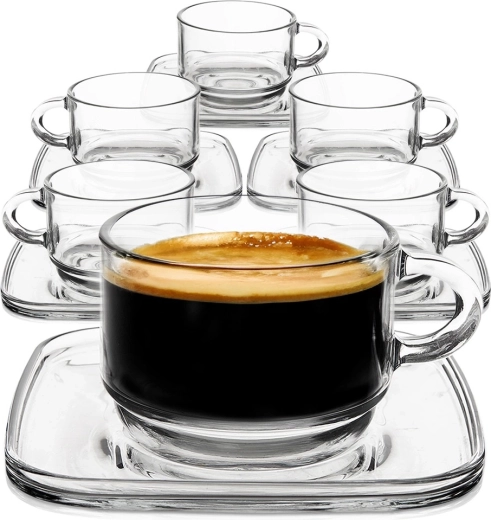 Cești din sticlă cu farfurioare pătrate 250 ml, set 6 buc