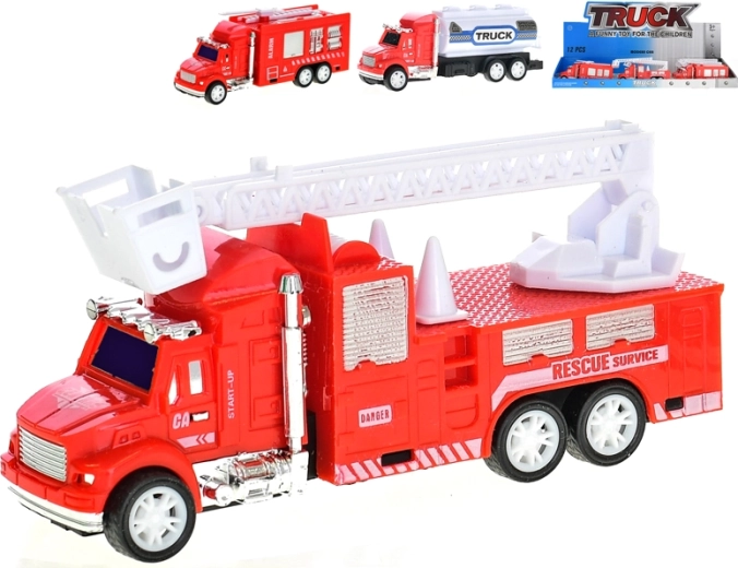 Mașinuțe de pompieri din plastic cu mecanism de inerție 12,5 cm – scară, cisternă și stropitoare