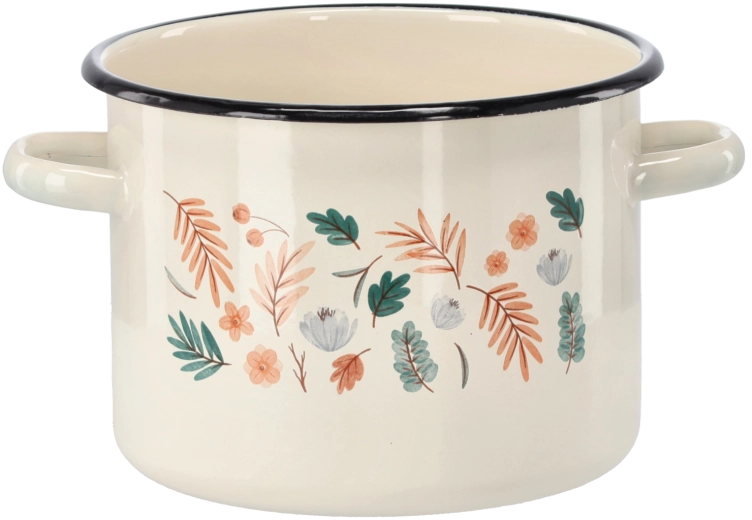 Oală emailată 4,5 l, 20 cm, crem cu motiv frunze