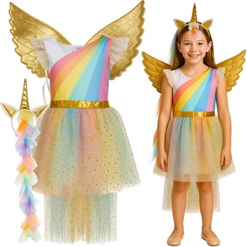 Costum pentru copii unicorn KRUZZEL, set din 3 piese (rochie, aripi, bentiță)