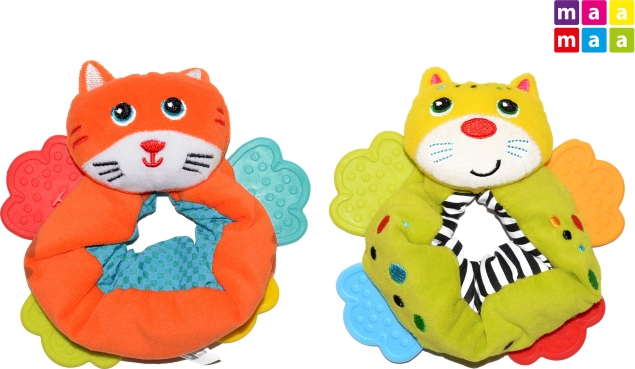 Zornăitoare textilă pentru mână cu inelușe de dentiție MAAMAA, pisicuță 12 cm