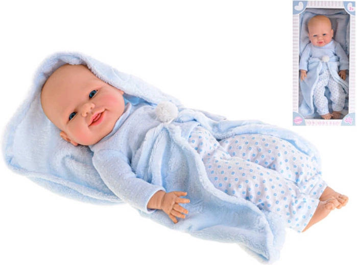 Păpușă bebeluș din vinil băiețel cu păturică 42 cm
