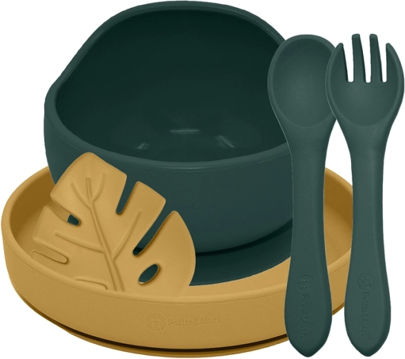 Set de masă din silicon PETITE&MARS TAKE&MATCH, 4 piese, Misty Green / Intense Ochre, de la 6 luni
