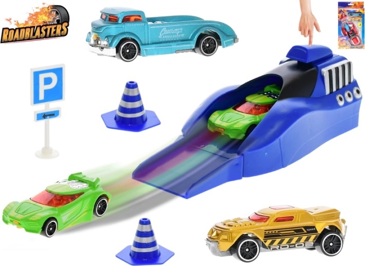 Roadblasters set de mașinuțe cu mecanism de lansare și semne rutiere, 3 buc.
