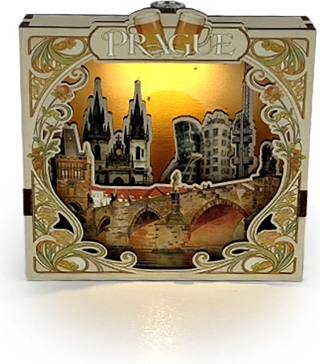 2Kids Toys magnet 3D din lemn cu obiectivele turistice ale Pragăi, cu iluminare
