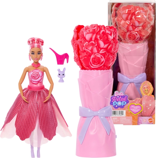 Păpușă Barbie Petal Pop cu surpriză florală, trandafiri roșii și accesorii