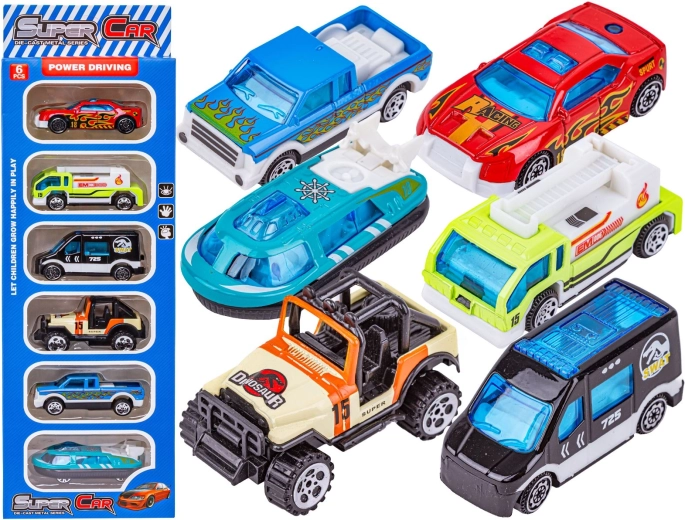 Set de mașinuțe metalice 1:64 – mix turistic 6 buc. (SWAT, hovercraft, jeep)