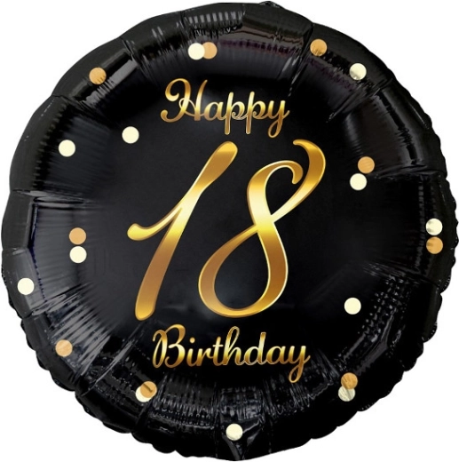 Baloan din folie Happy 18th Birthday, negru cu imprimeu auriu
