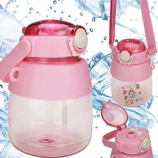 Sticlă de apă pentru copii cu pai și curea 1 l – roz